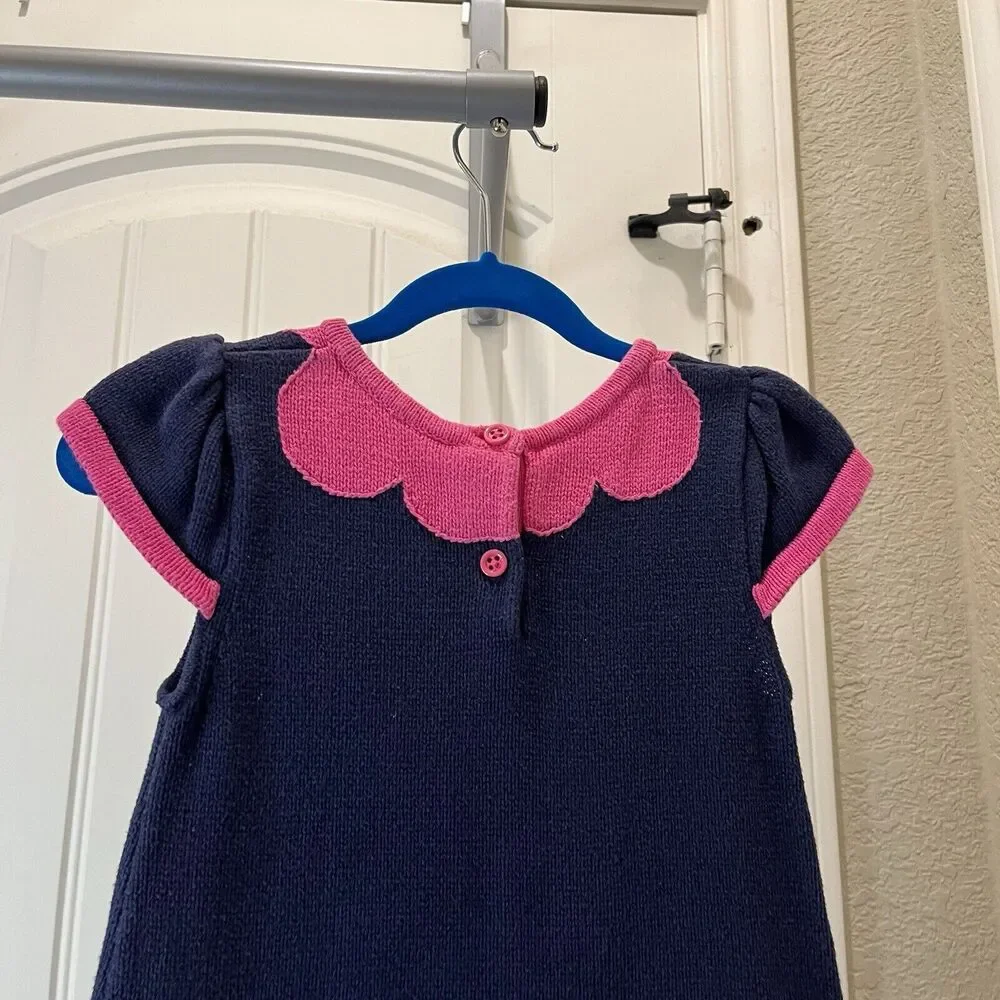 Gymboree Navy Blue Pink Flower Stem Floral Girls Dress Short Sleeve Size 4T